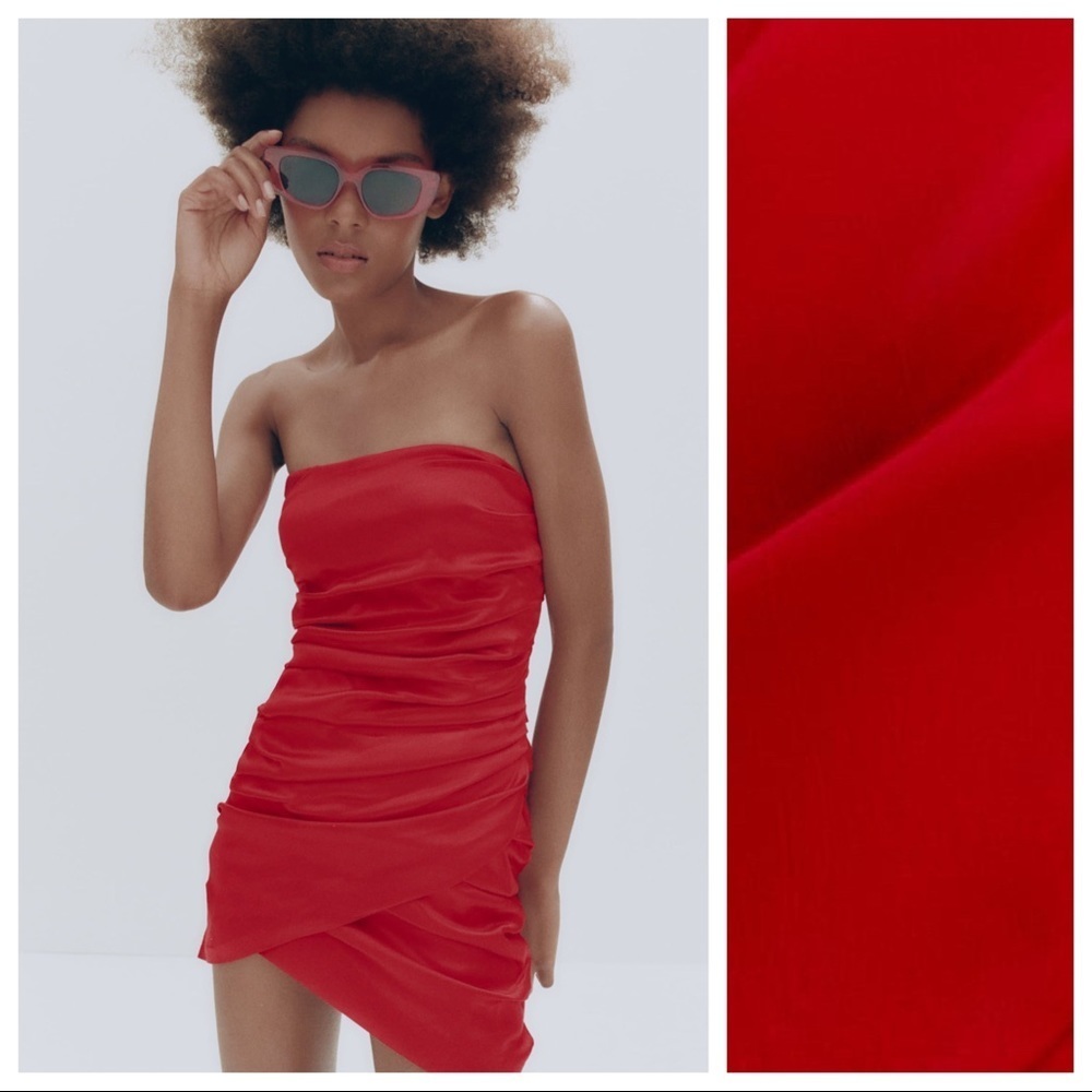 Zara Strapless Red Ruched Mini Dress - Picture 2 of 13